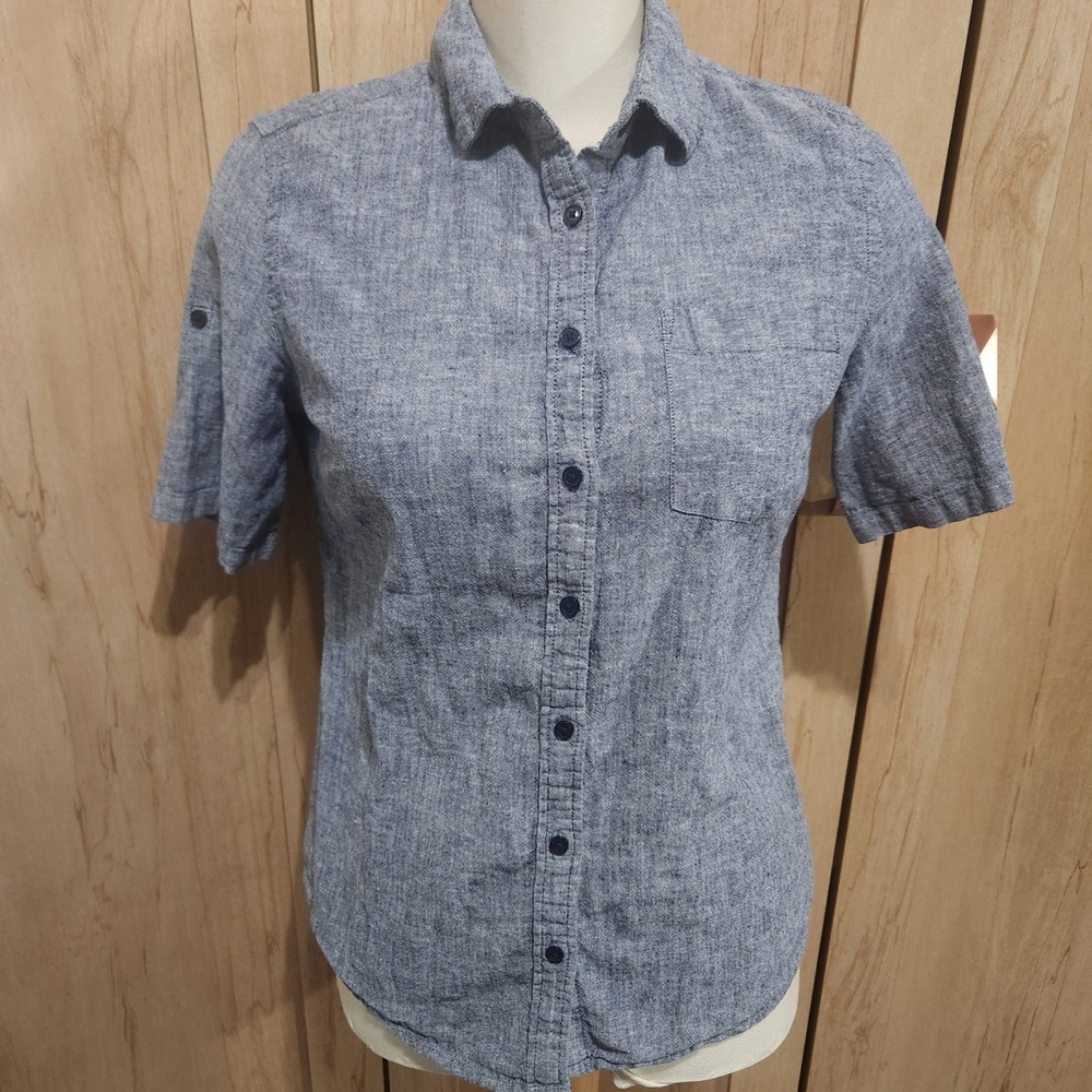 Tommy Hilfiger Womens Blue Linen Blend‎ Short Sleeve Button Down Shirt Classic